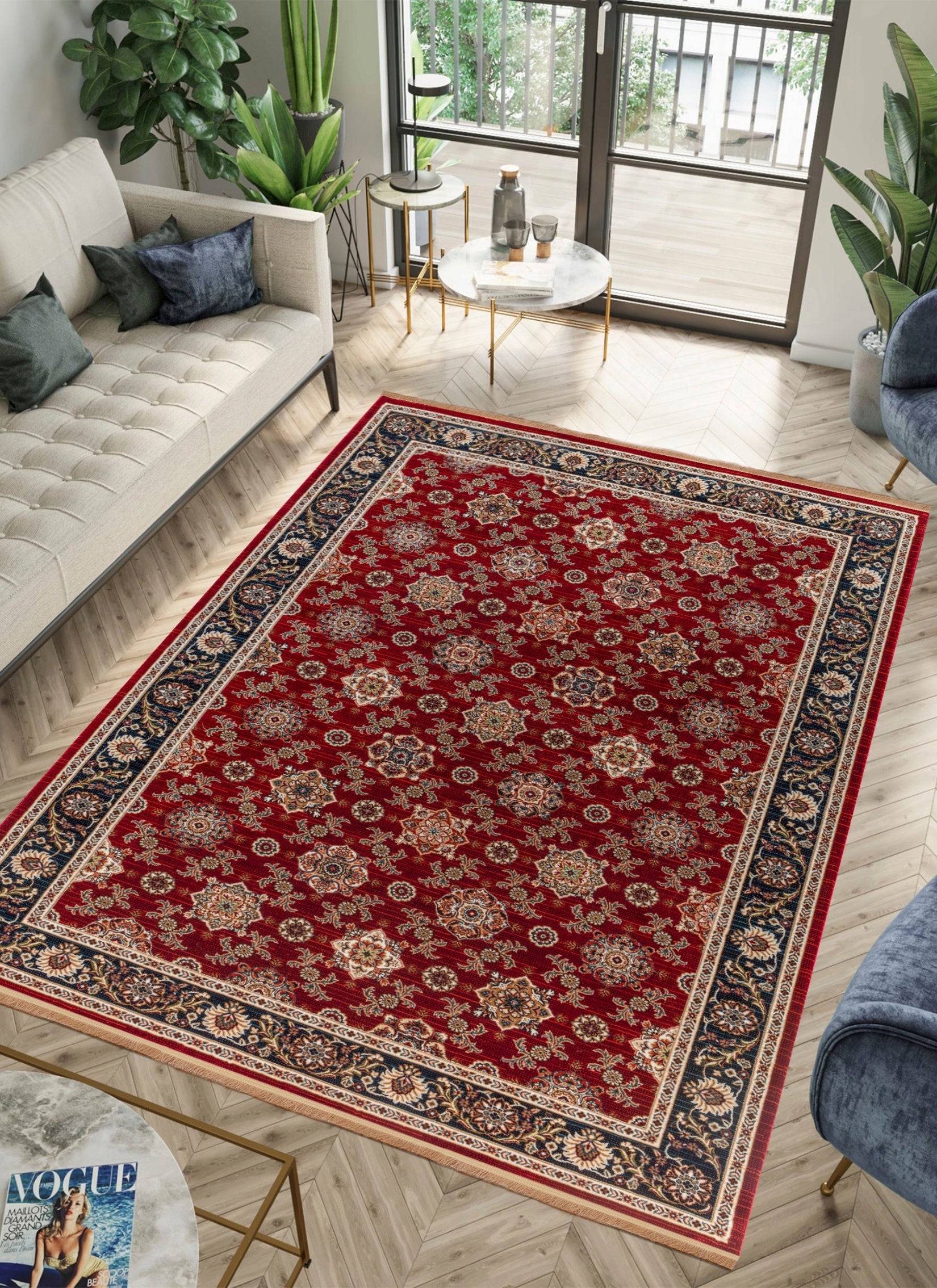 Traditional Persian All-Over Rosette Floral Bordered Red Area Rug & Runner – D529B Red