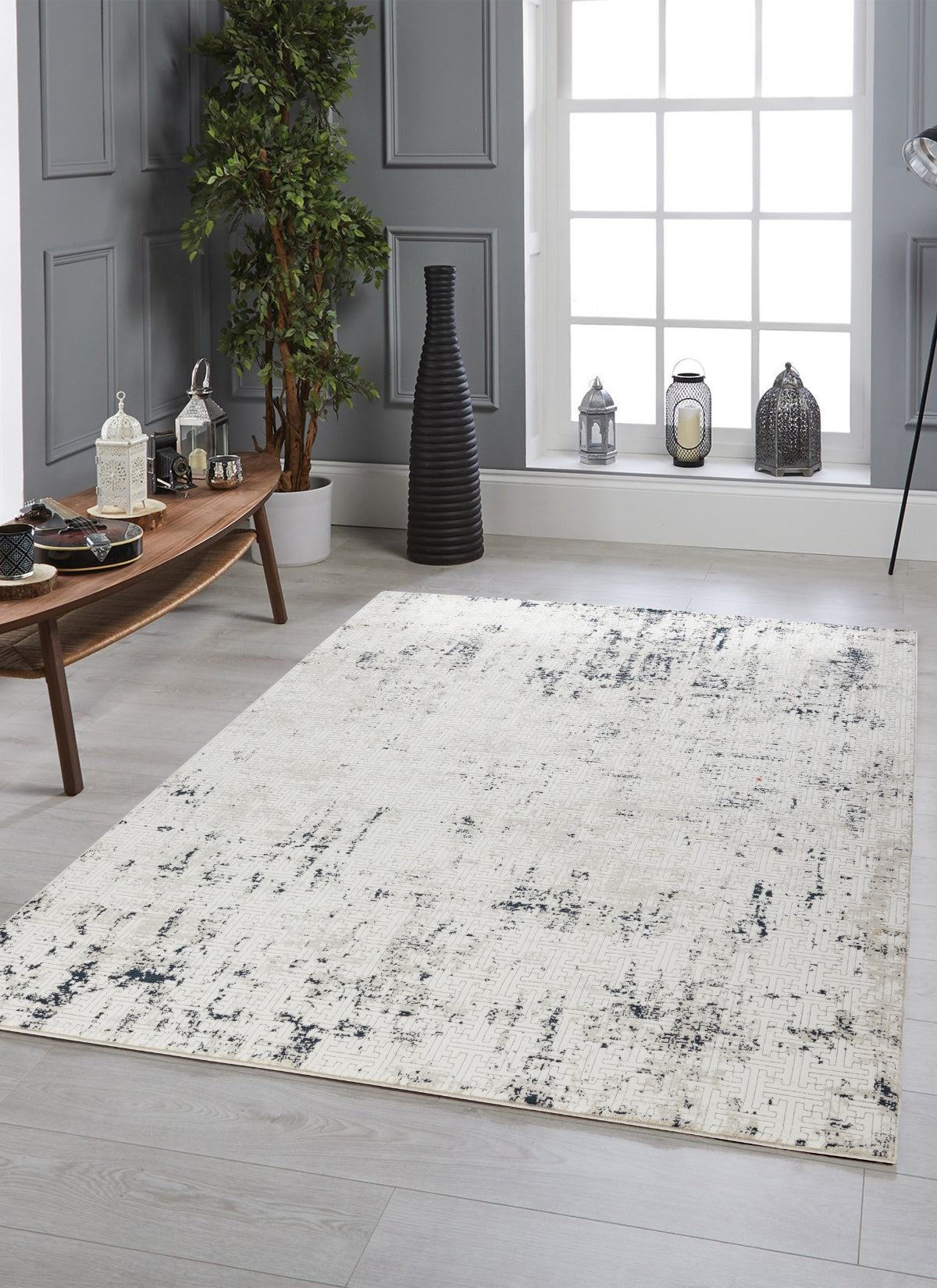 Modern Geometric Fretwork Textured Cream & Navy Area Rug & Runner – BT318 Cream Navy