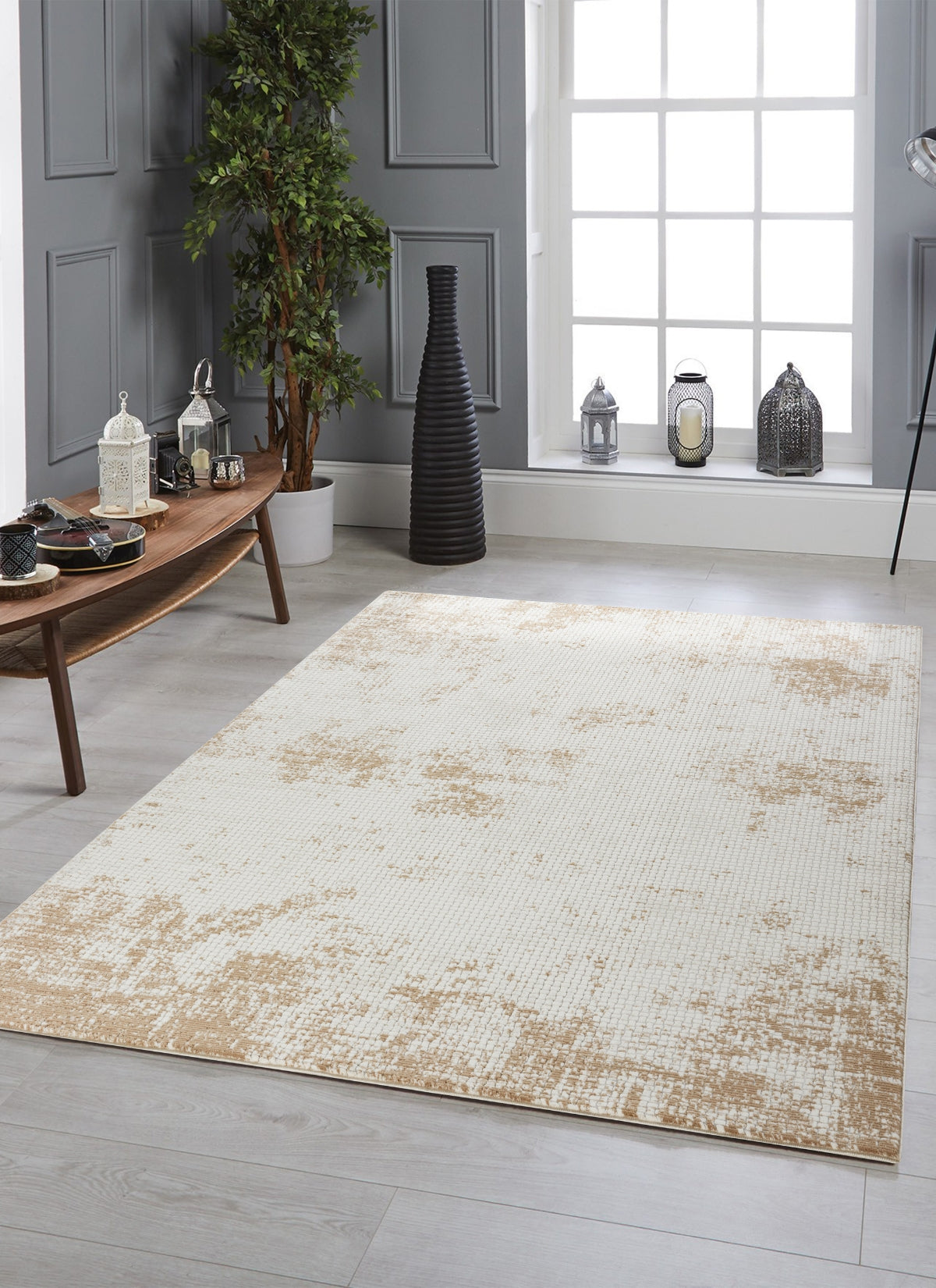 Modern Distressed Grid Textured Cream & Brown Area Rug & Runner – BT306 Cream Brown