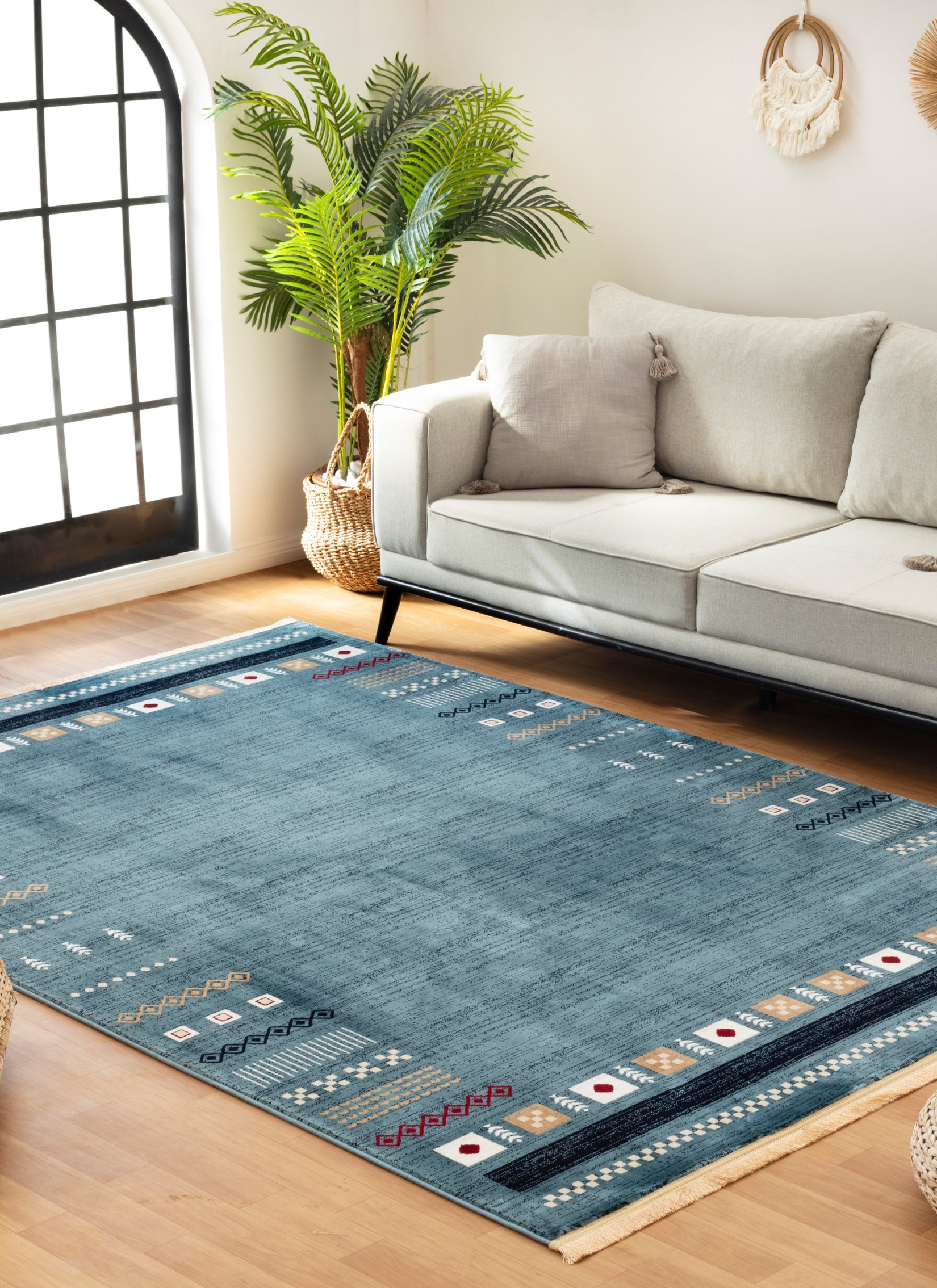 Modern Tribal Gabbeh Bordered Solid Blue Area Rug & Runner – B744A Blue