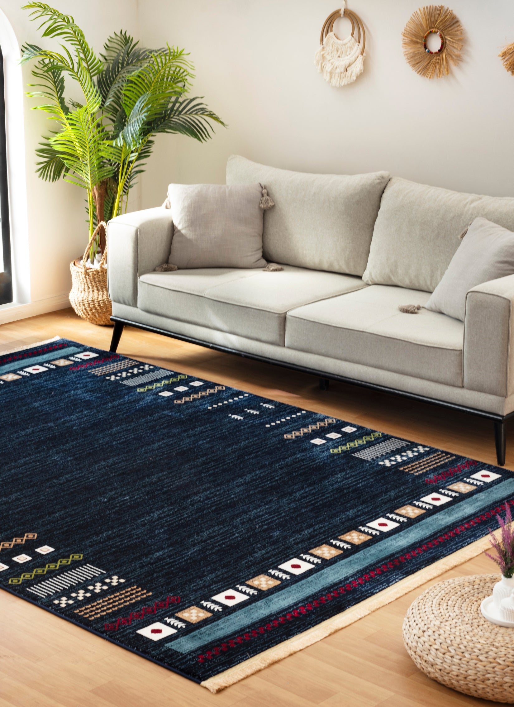 Modern Tribal Gabbeh Bordered Solid Navy Area Rug & Runner – B744A Navy