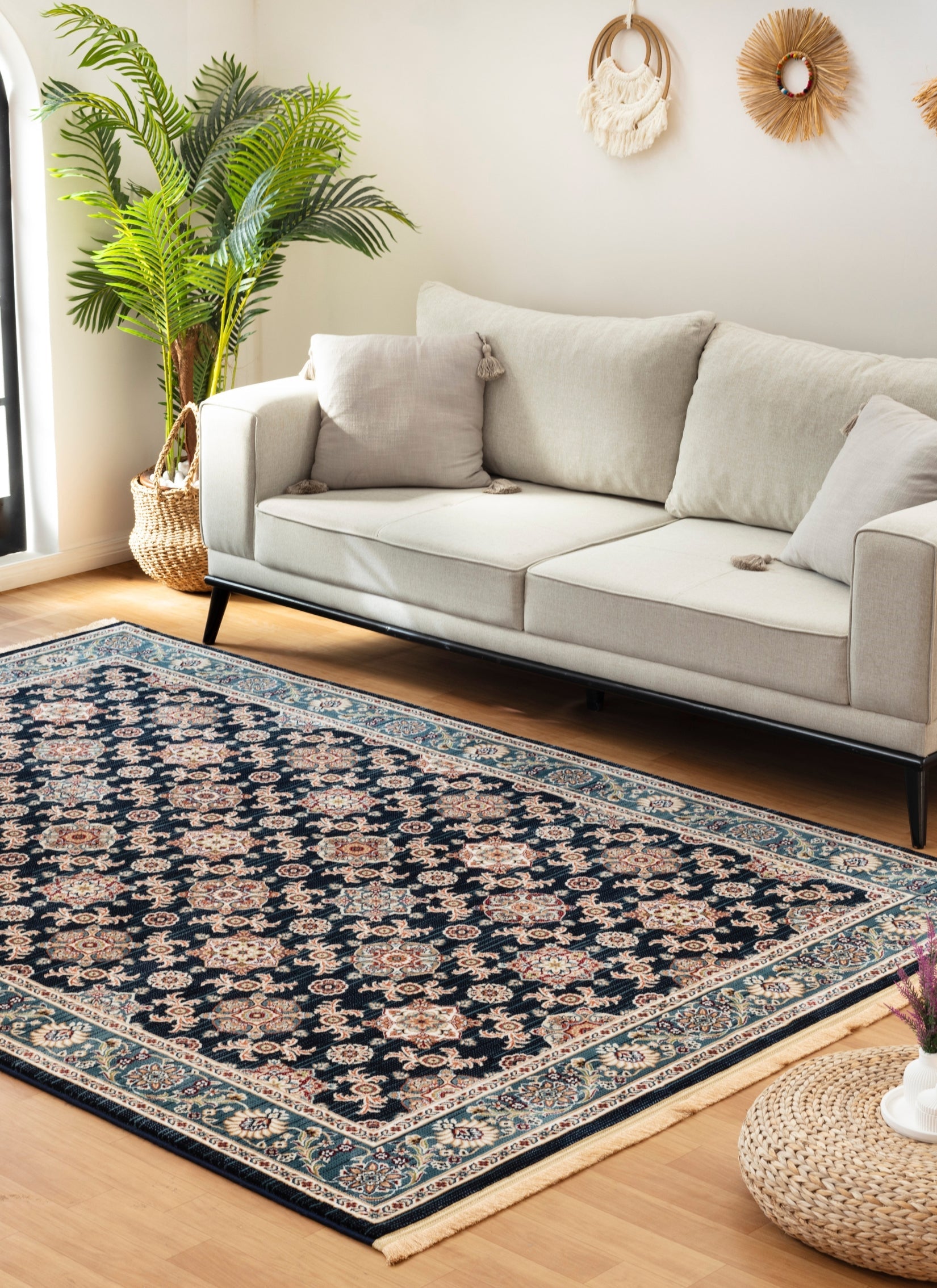 Traditional Persian All-Over Rosette Floral Bordered Navy Area Rug & Runner – D529B Navy