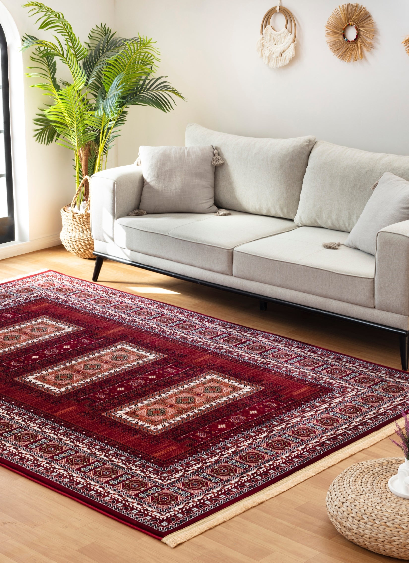 Traditional Tribal Turkmen Geometric Panel Red Area Rug & Runner – E851B Red