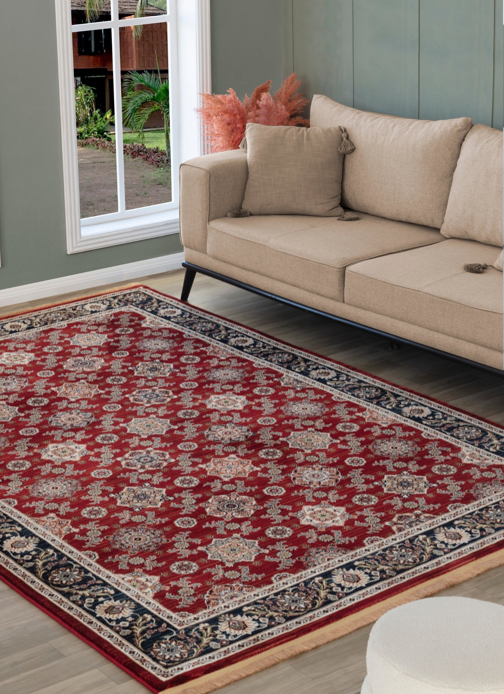 Traditional Persian All-Over Rosette Floral Bordered Red Area Rug & Runner – D529B Red