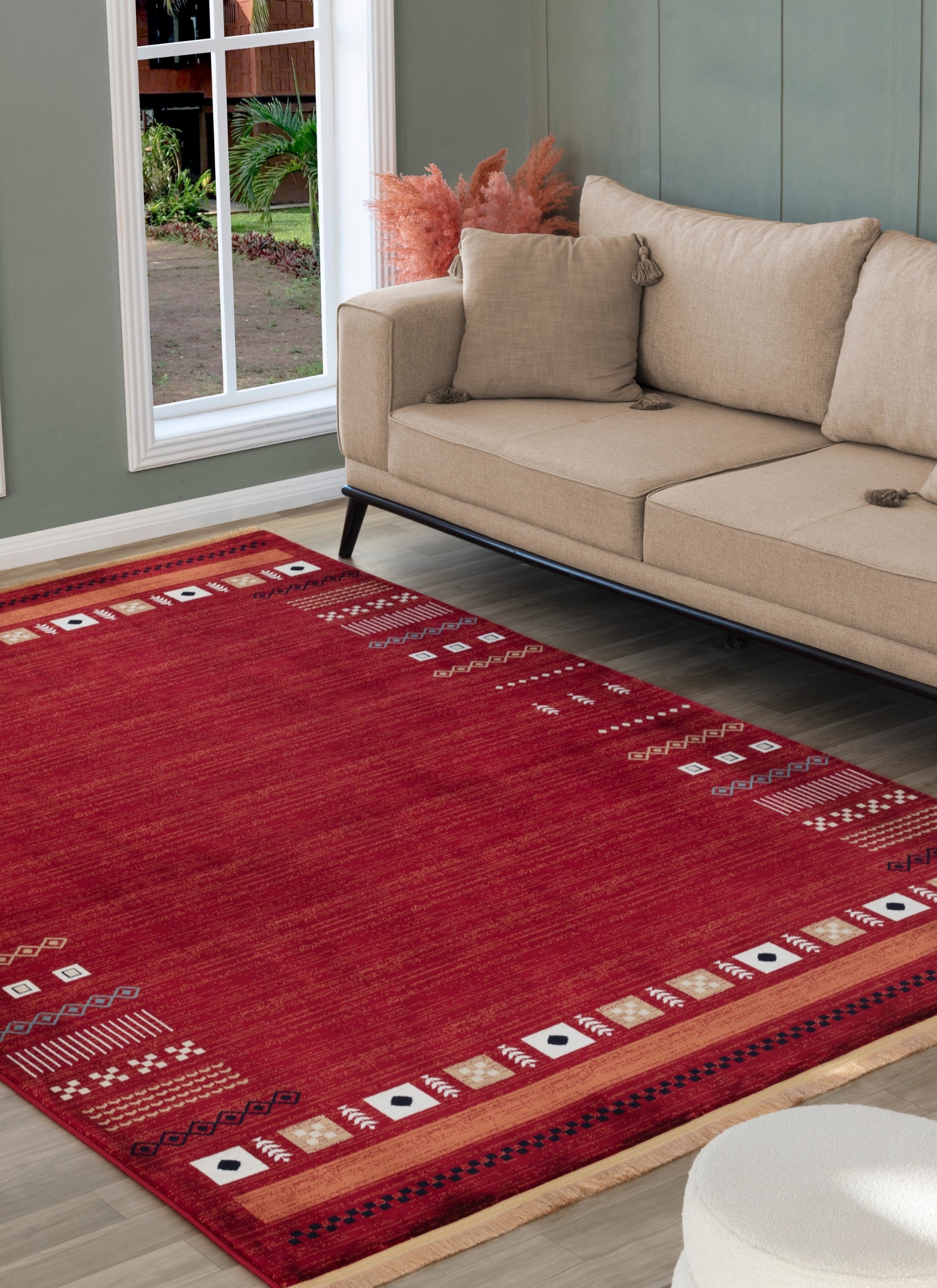 Modern Tribal Gabbeh Bordered Solid Red Area Rug & Runner – B744A Red