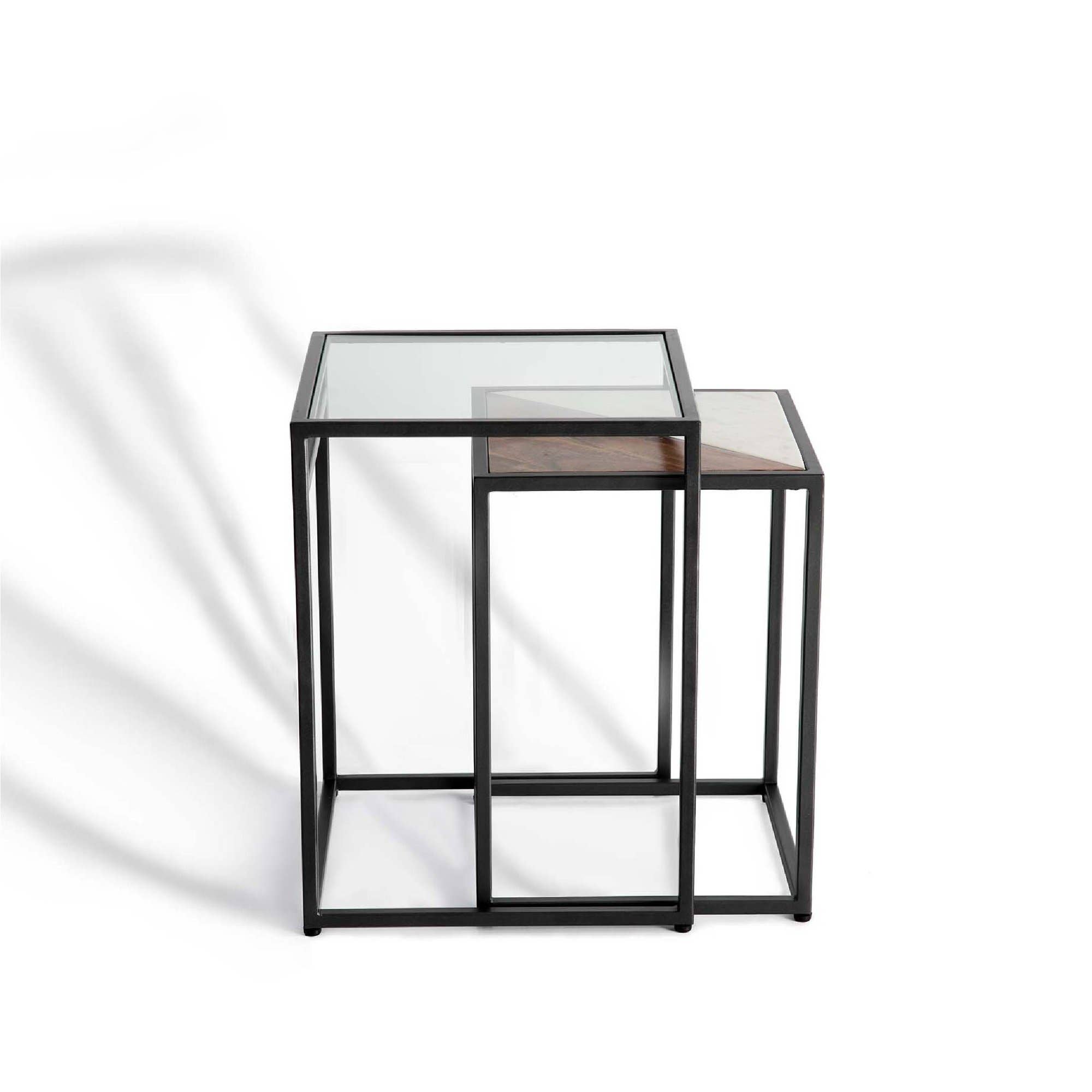 Glass & Wood Nesting Tables Set of 2 | Black Metal Legs Side Table Set
