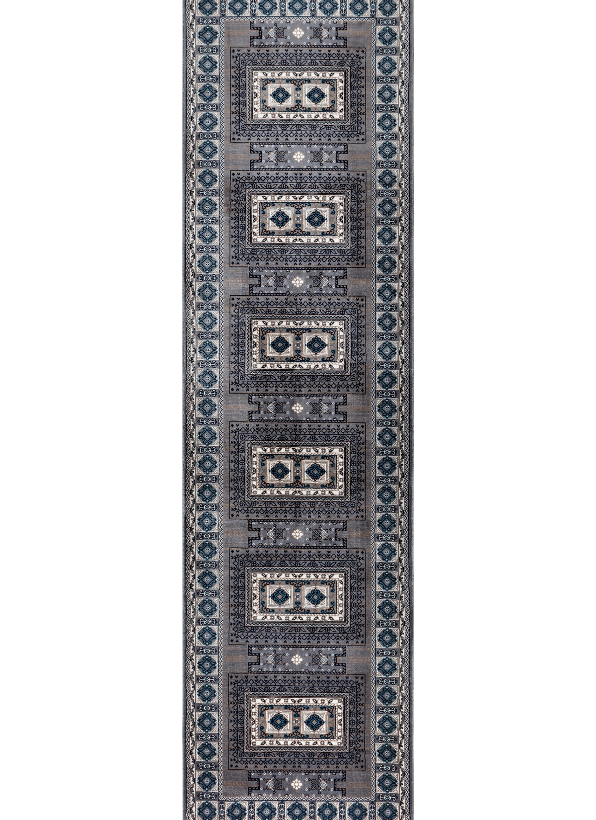 Traditional Tribal Turkmen Geometric Panel Grey Area Rug & Runner – E851B Grey