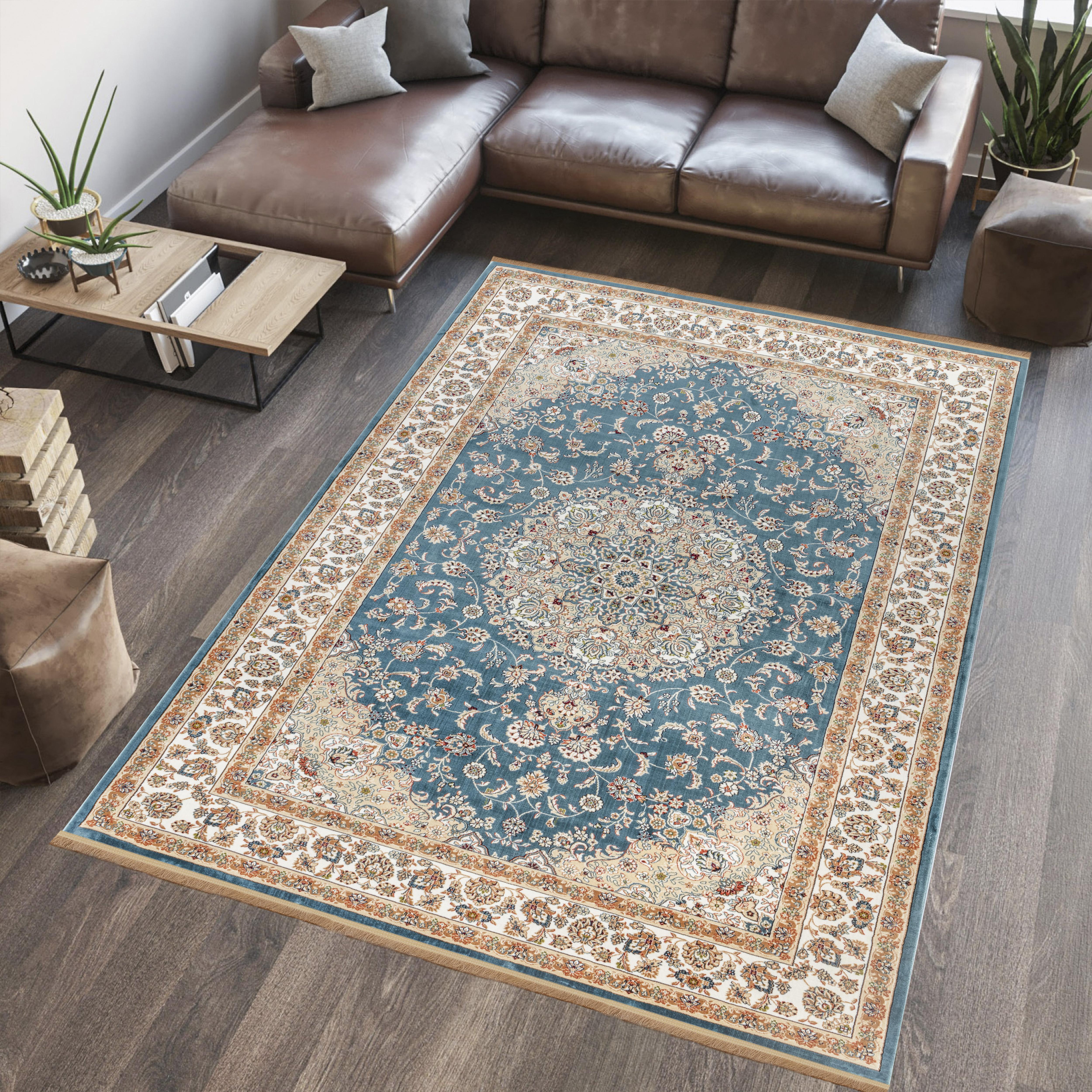 Traditional Persian Nain Floral Medallion Blue & Cream Area Rug & Runner – A019G Blue/Cream