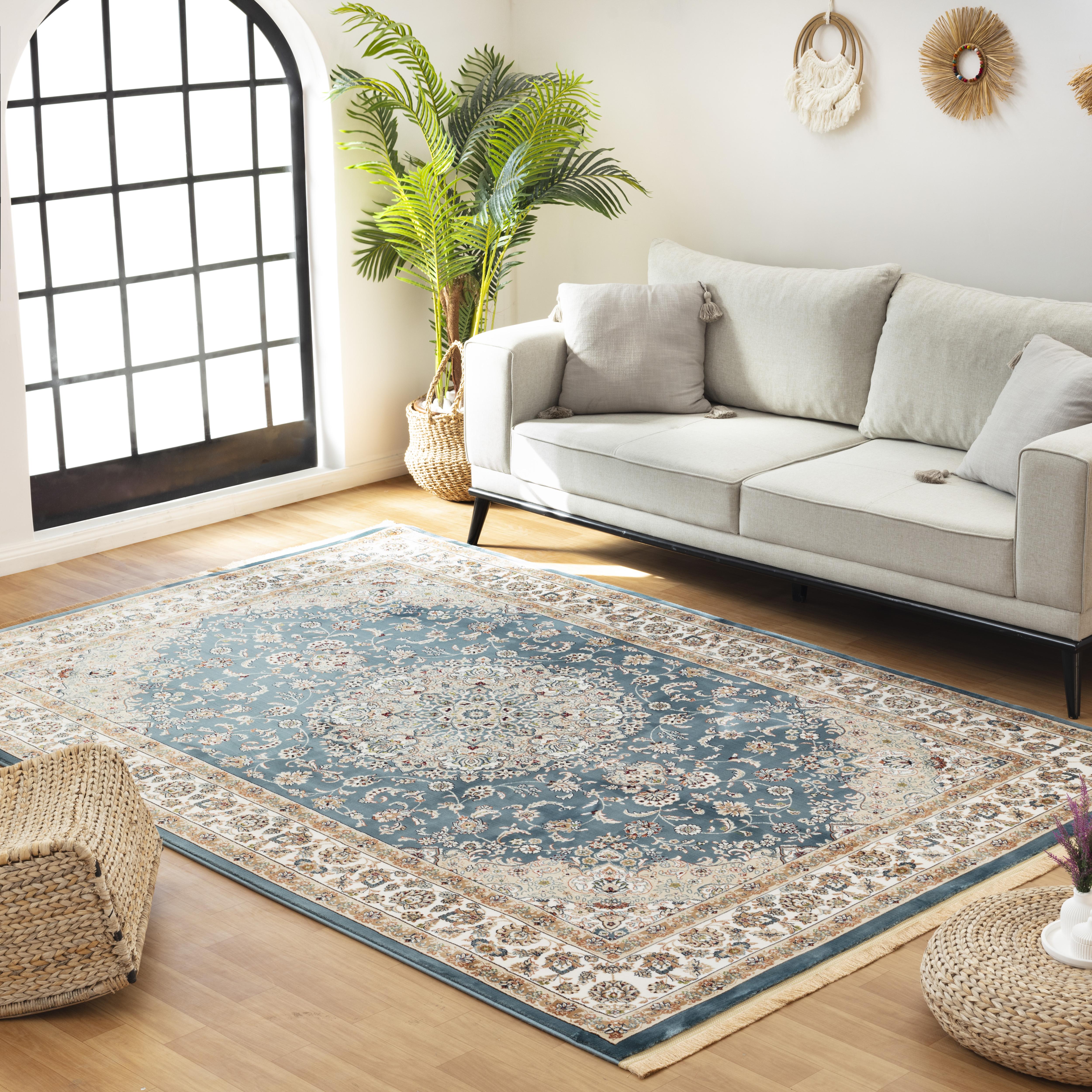 Traditional Persian Nain Floral Medallion Blue & Cream Area Rug & Runner – A019G Blue/Cream