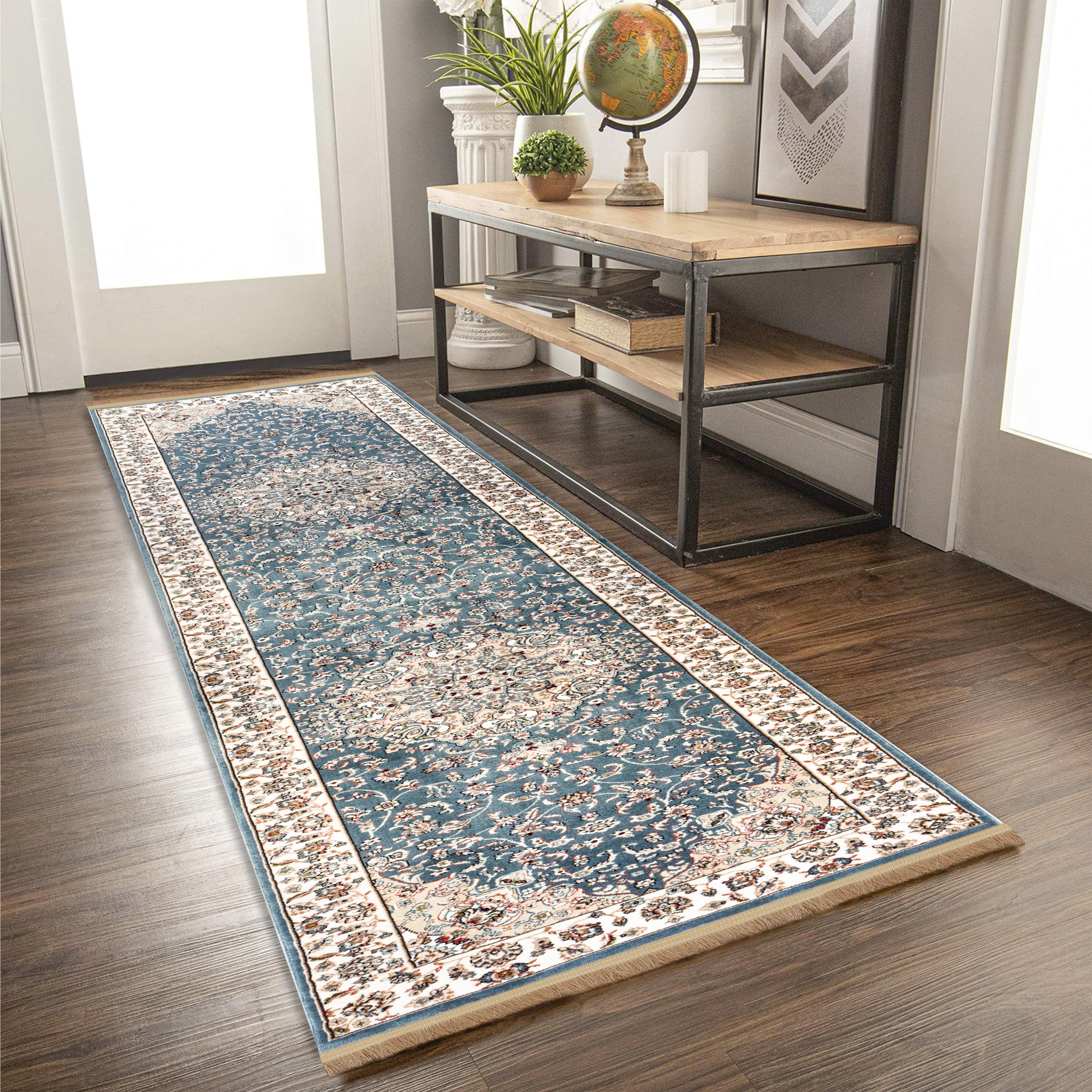 Traditional Persian Nain Floral Medallion Blue & Cream Area Rug & Runner – A019G Blue/Cream