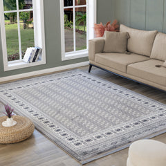 Traditional Bokhara Persian All-Over Bordered Grey Area Rug & Runner – C669B Grey