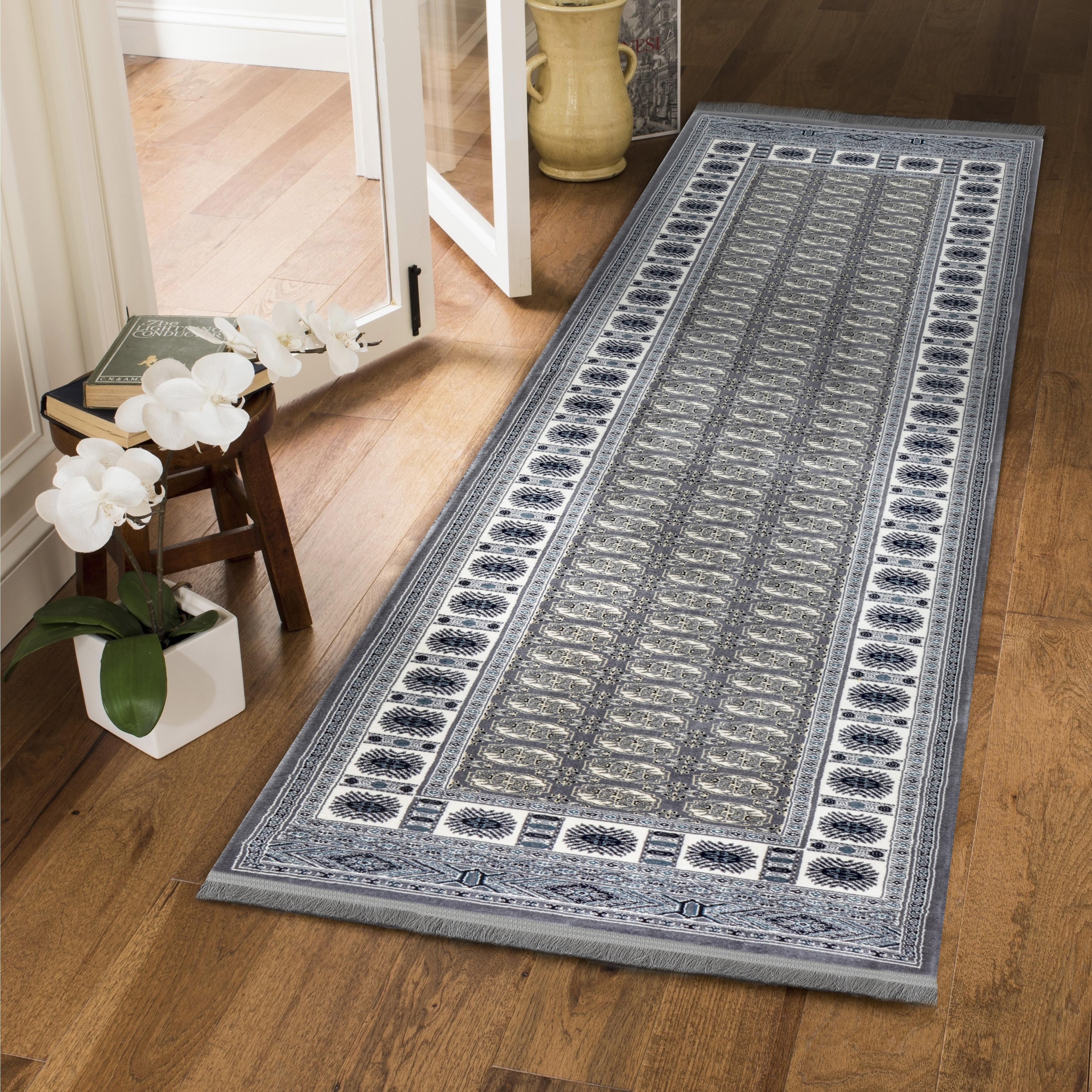 Traditional Bokhara Persian All-Over Bordered Grey Area Rug & Runner – C669B Grey