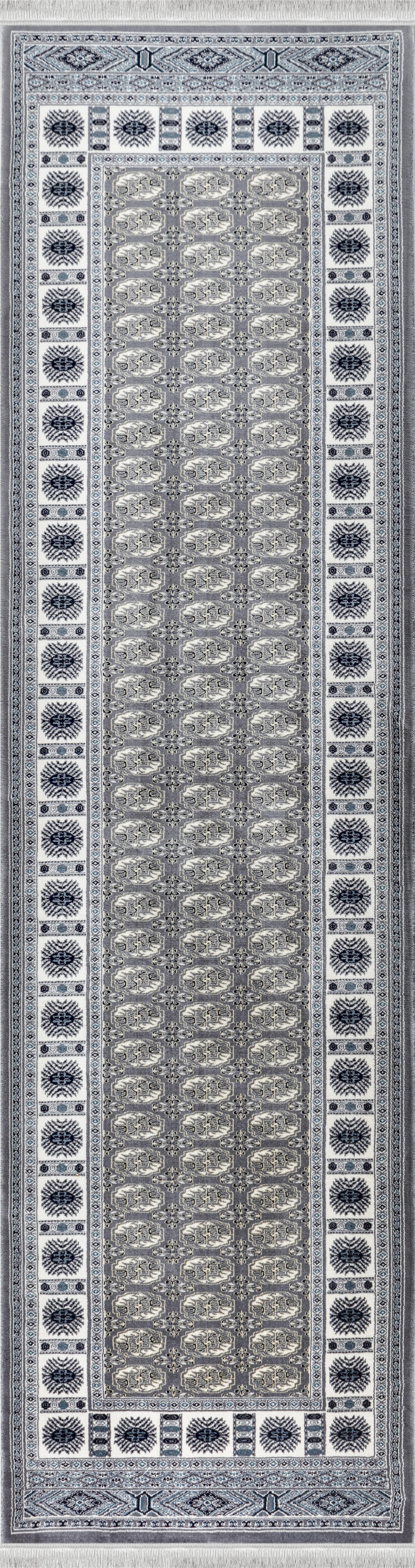 Traditional Bokhara Persian All-Over Bordered Grey Area Rug & Runner – C669B Grey