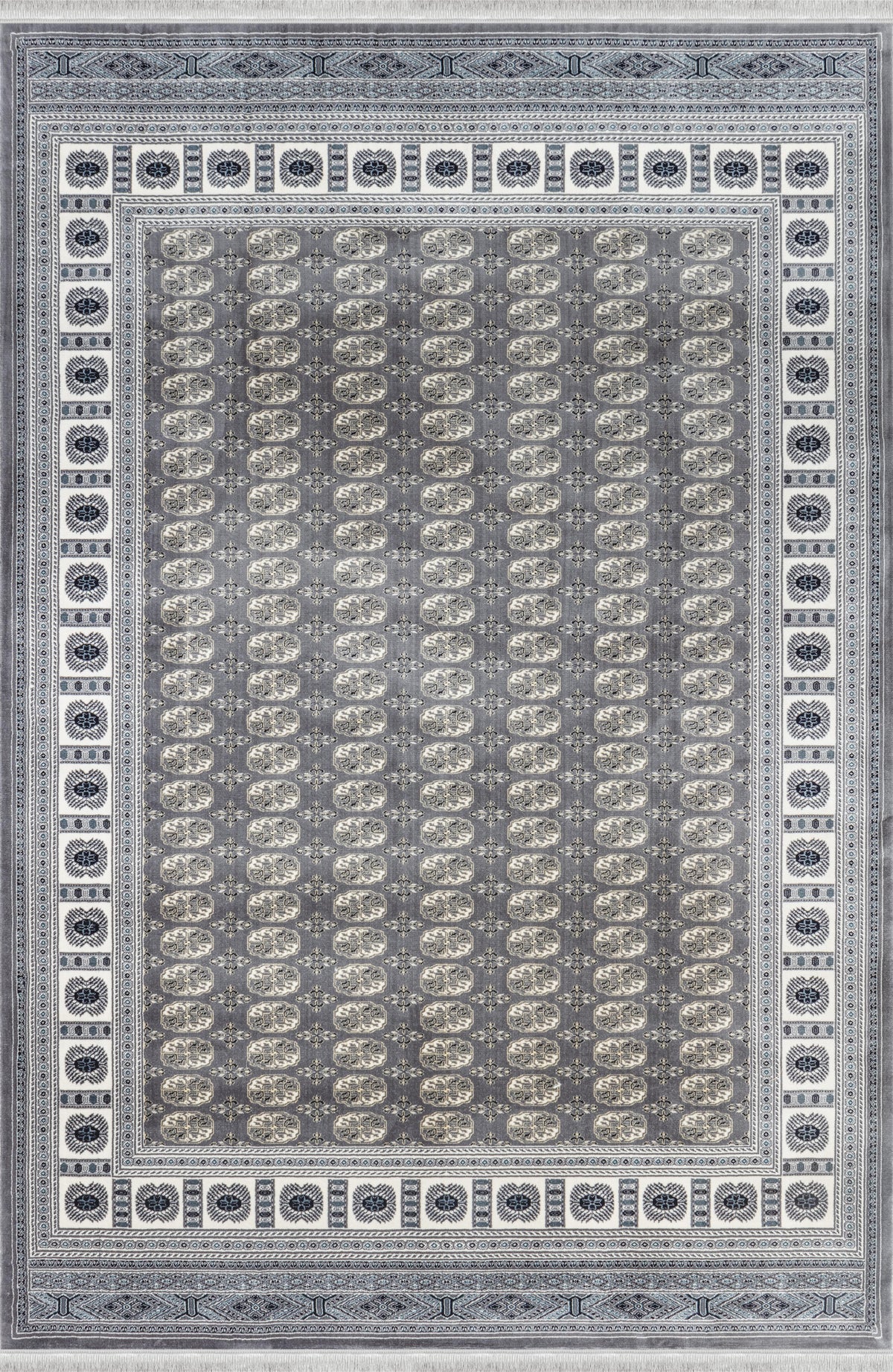 Traditional Bokhara Persian All-Over Bordered Grey Area Rug & Runner – C669B Grey