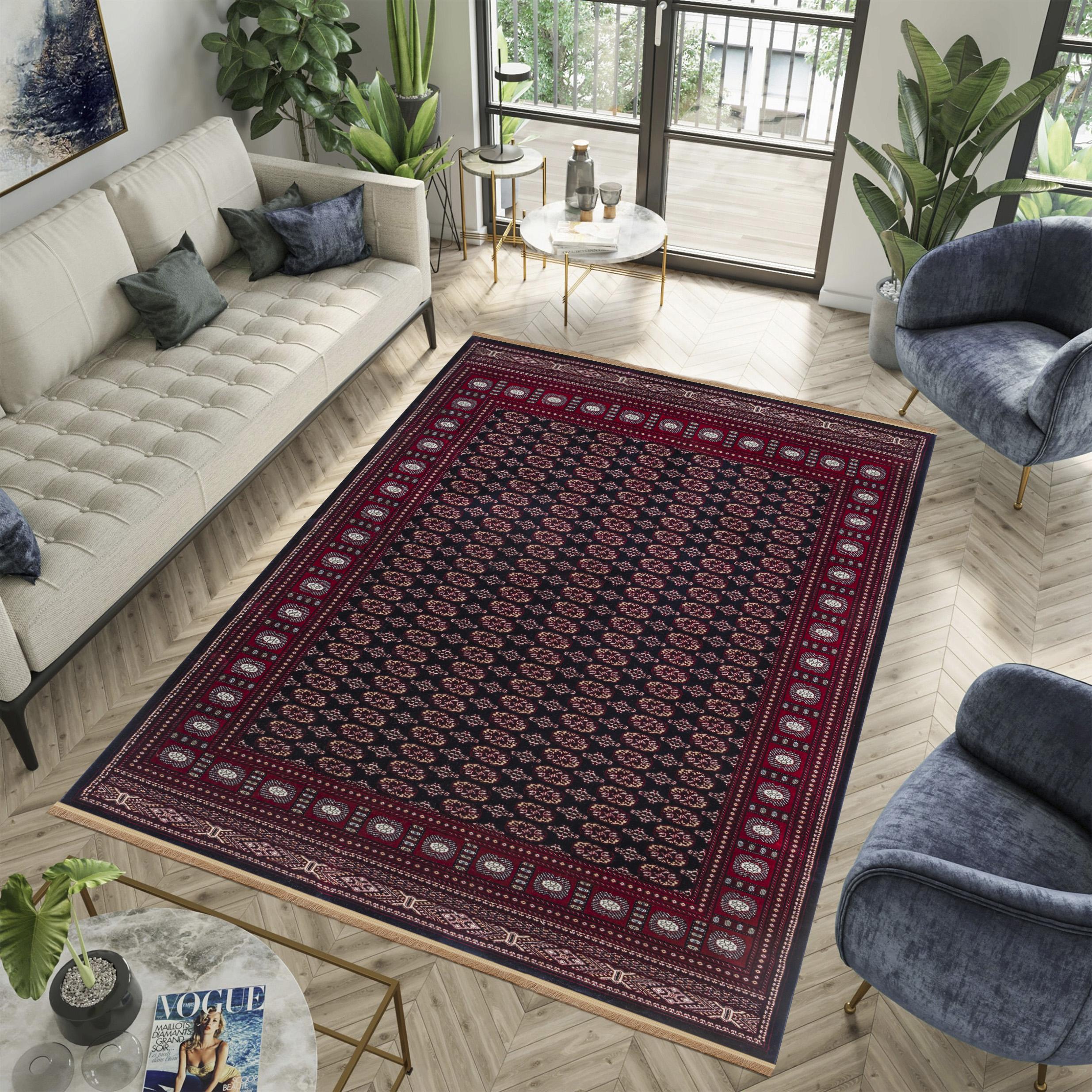 Traditional Bokhara Persian All-Over Bordered Navy Area Rug & Runner – C669B Navy
