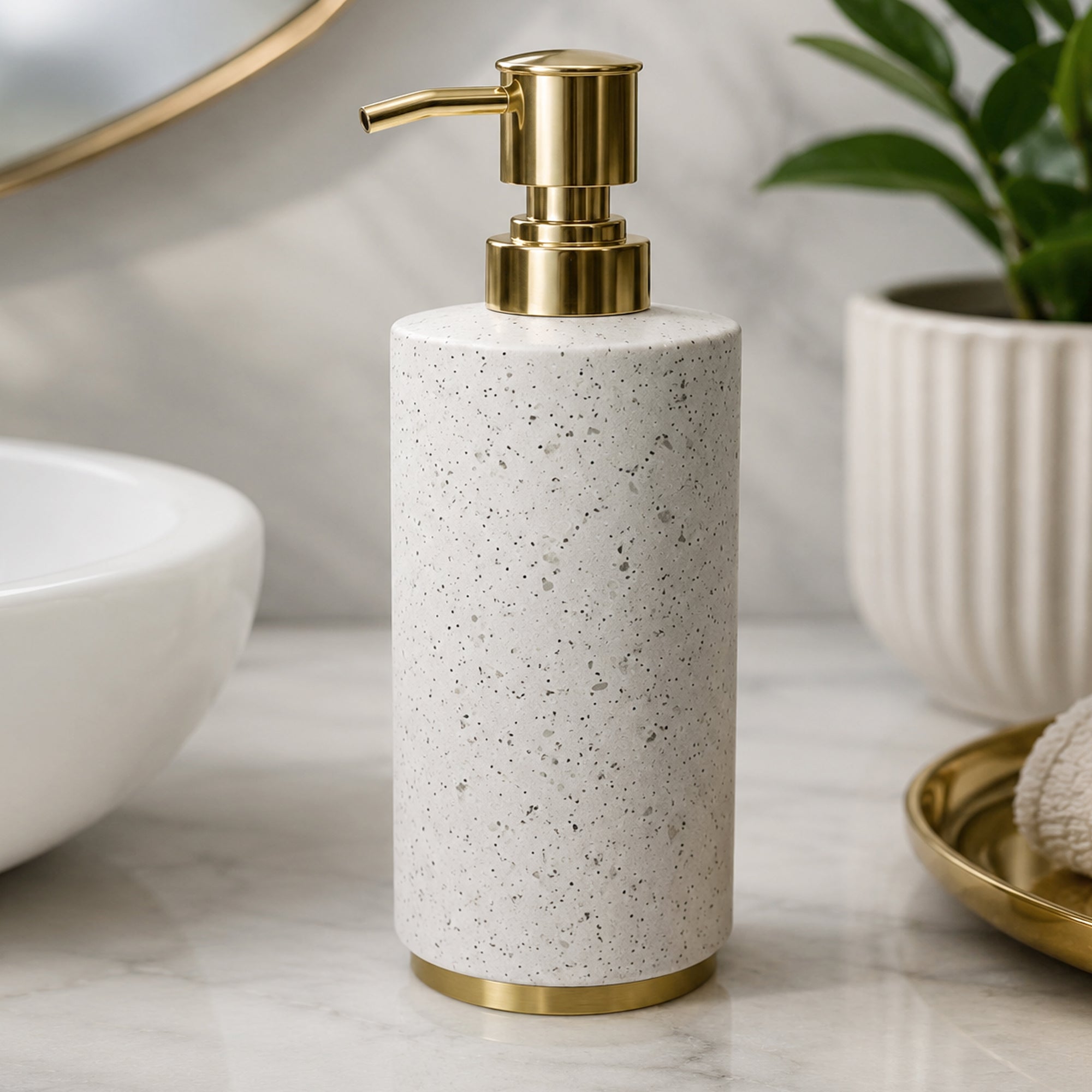 Modern Stainless Steel Soap Dispenser, 2.5" x 2.5" x 6.5", White Speckled Powder-Coated Finish with Gold Pump, Refillable Rust-Resistant Liquid Soap Dispenser for Bathroom & Kitchen