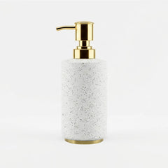 Modern Stainless Steel Soap Dispenser, 2.5" x 2.5" x 6.5", White Speckled Powder-Coated Finish with Gold Pump, Refillable Rust-Resistant Liquid Soap Dispenser for Bathroom & Kitchen
