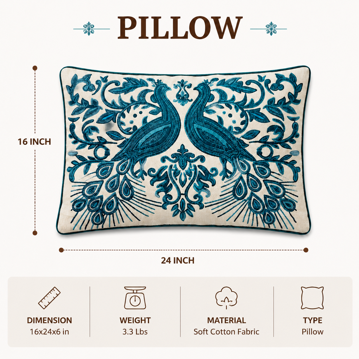 Embroidered Peacock Decorative Pillow with Filler, 16x24x6"