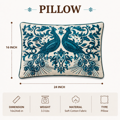 Embroidered Peacock Decorative Pillow with Filler, 16x24x6"