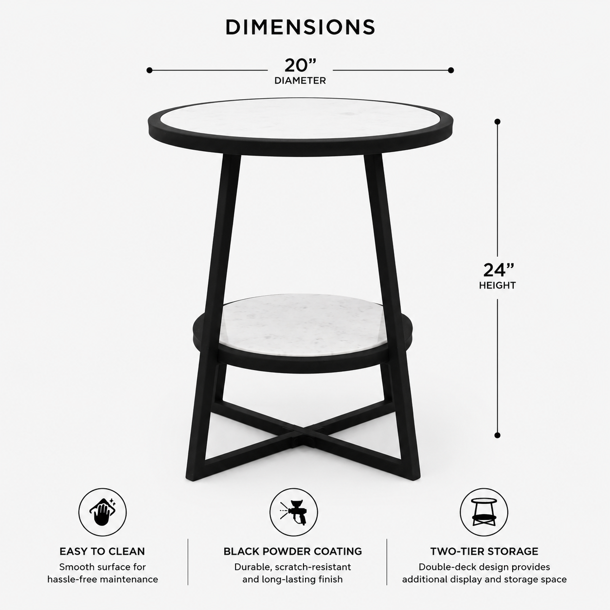 End Table | White Marble Top Side Table | Black Metal Frame | Modern Living Room Decor