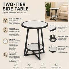 End Table | White Marble Top Side Table | Black Metal Frame | Modern Living Room Decor