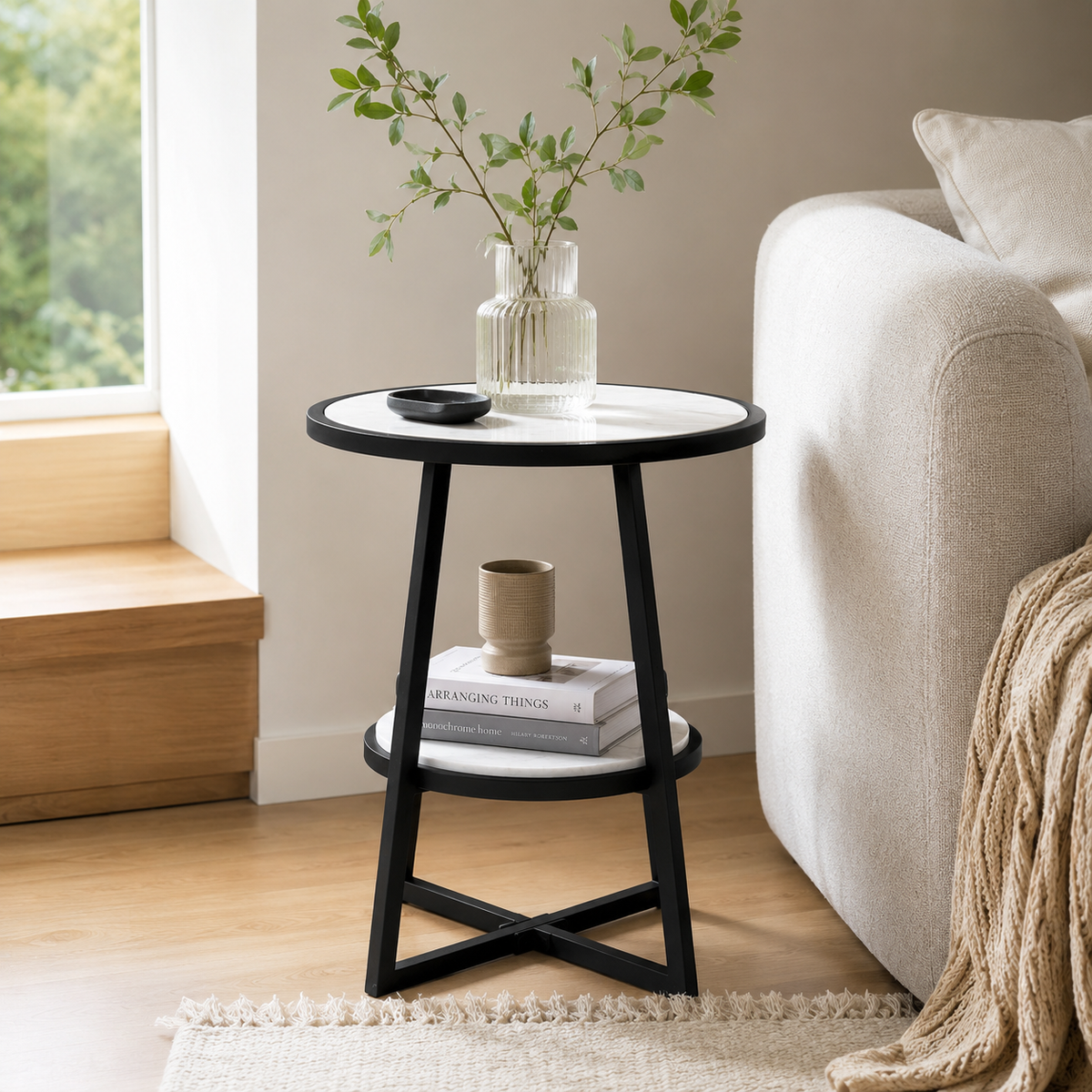 End Table | White Marble Top Side Table | Black Metal Frame | Modern Living Room Decor