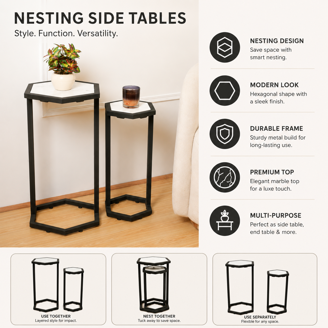 Nesting Tables | Marble Side Tables | Set of 2 End Tables | Modern Living Room Decor