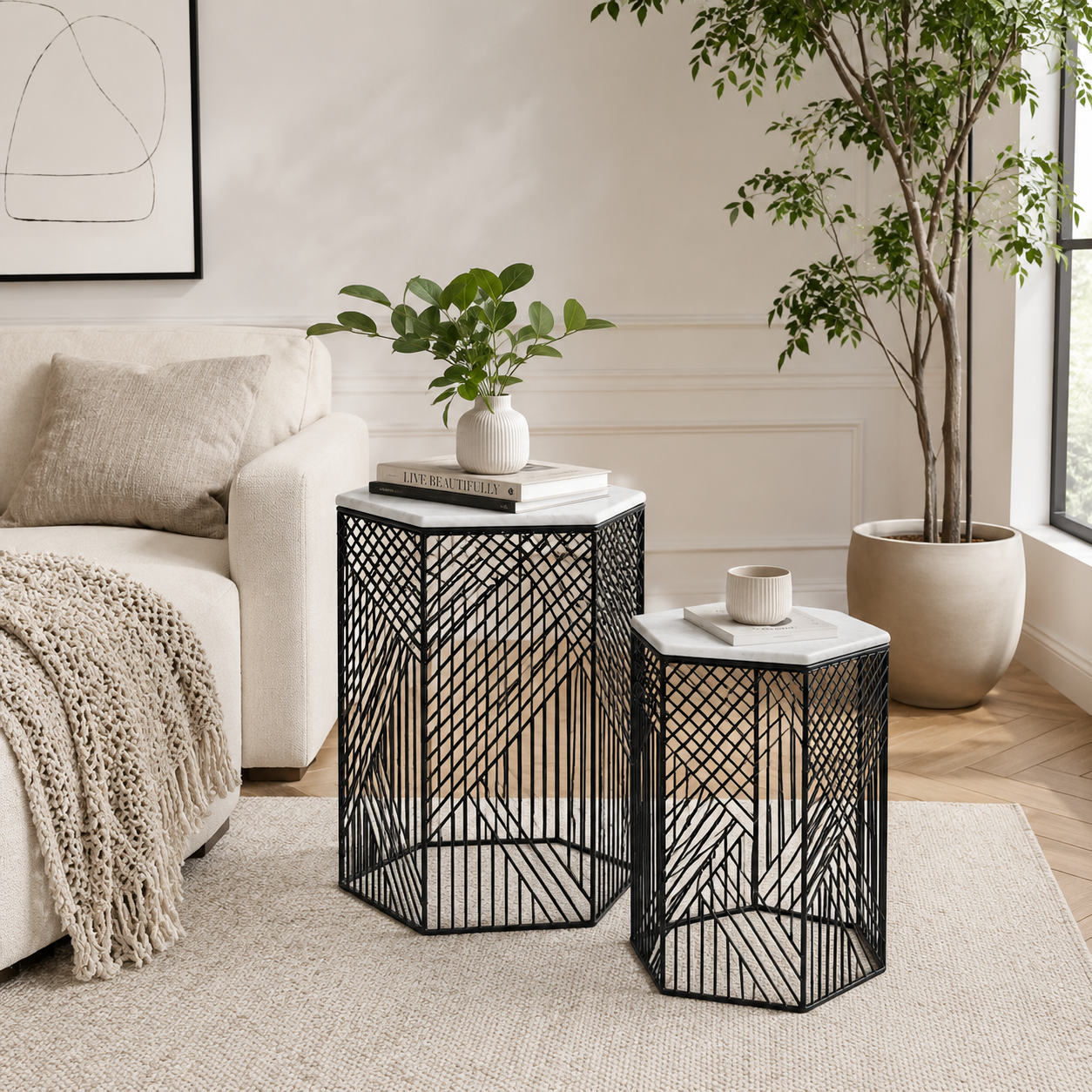 Hexagon Marble Nested Side Tables | 2-Piece Set | Stylish Living Room Accent
