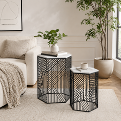 Hexagon Marble Nested Side Tables | 2-Piece Set | Stylish Living Room Accent