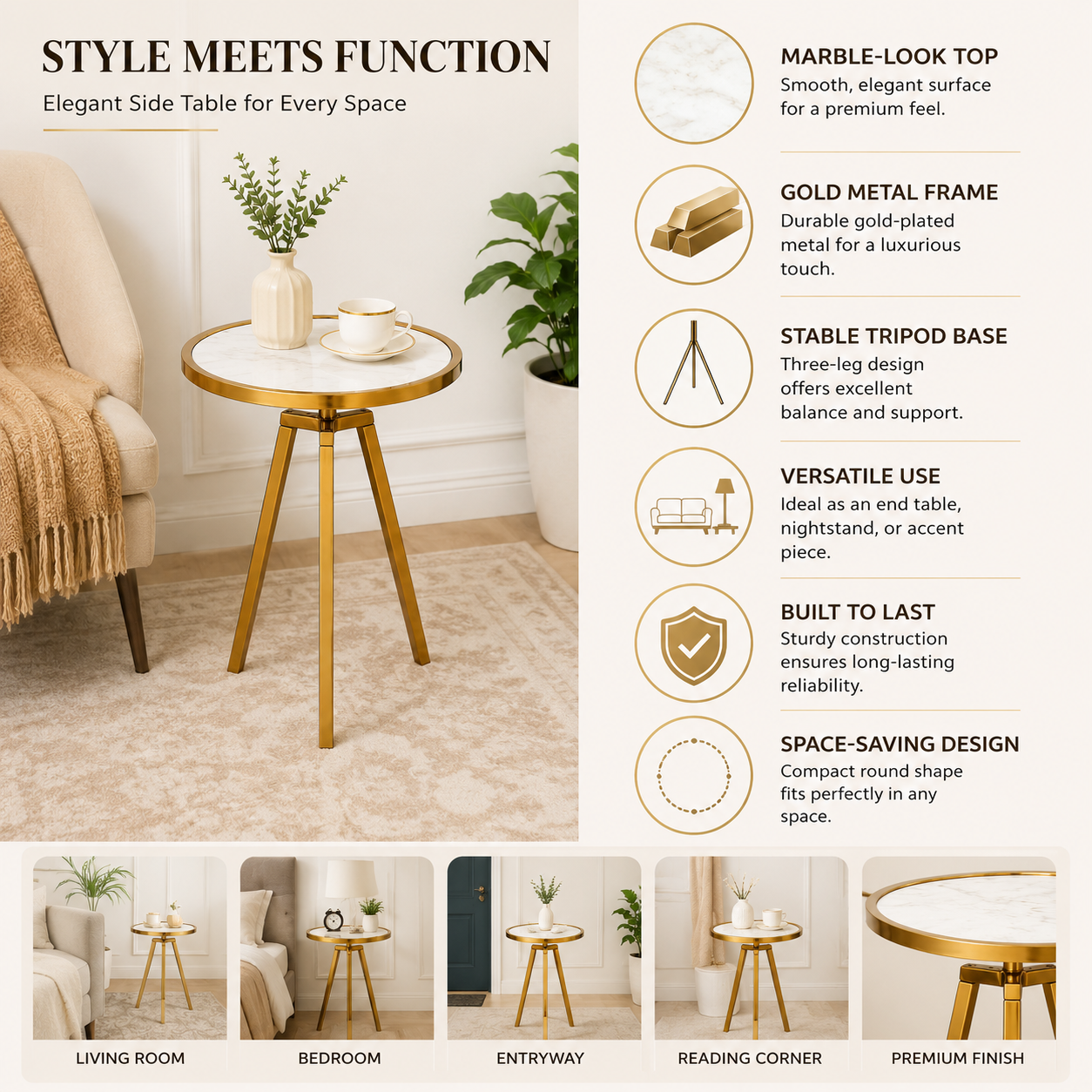 Round Marble Top Side Table | Gold Metal Frame | End Table | Accent Furniture