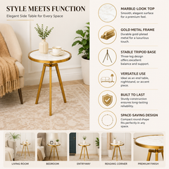 Round Marble Top Side Table | Gold Metal Frame | End Table | Accent Furniture