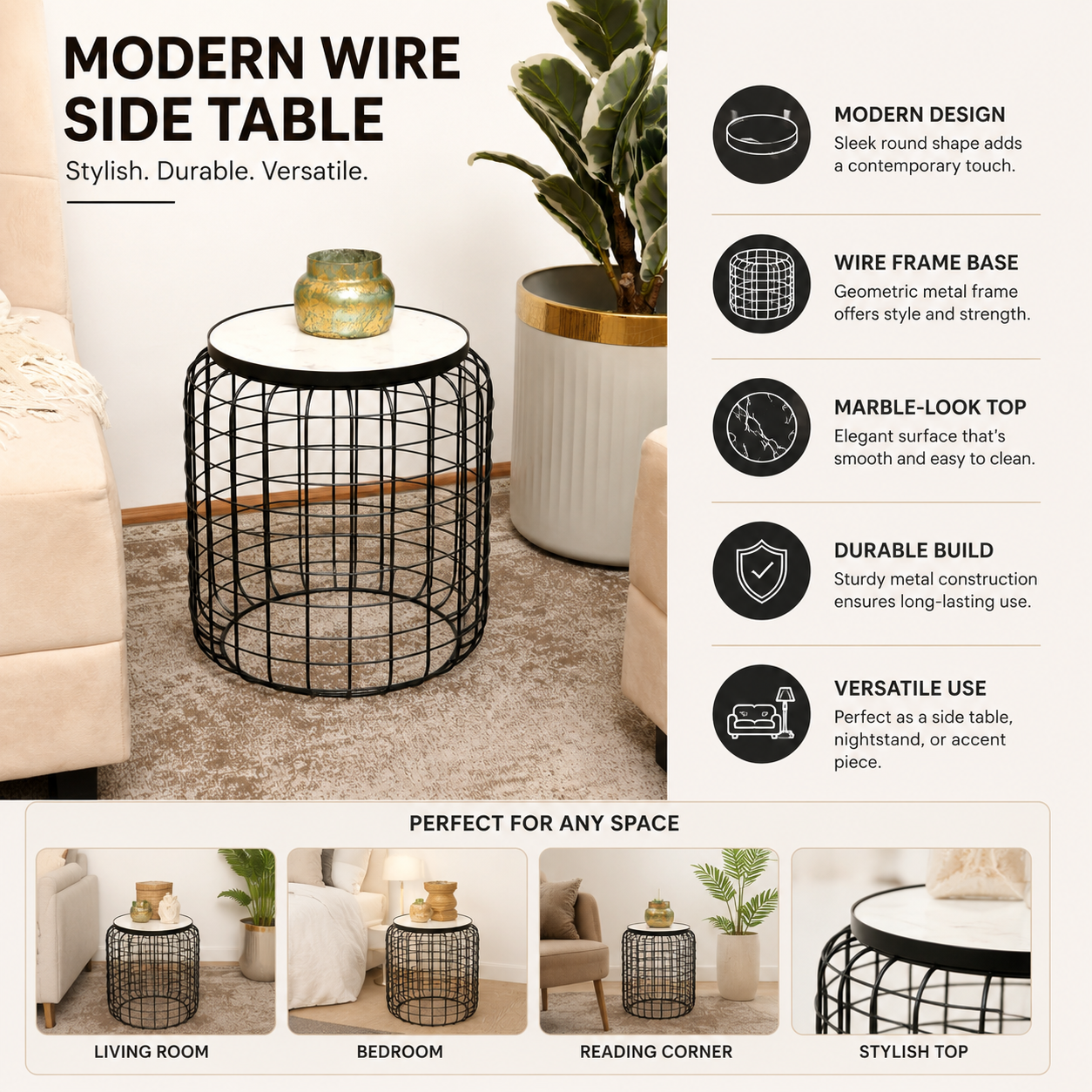 Marble End Table | Round Side Table | Black Metal Frame | Modern Living Room Decor
