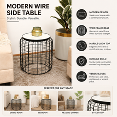 Marble End Table | Round Side Table | Black Metal Frame | Modern Living Room Decor