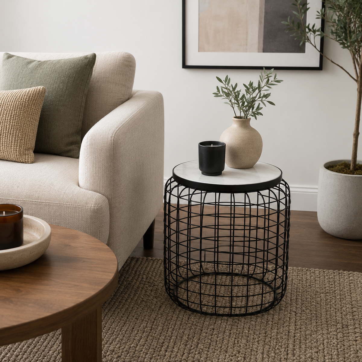 Marble End Table | Round Side Table | Black Metal Frame | Modern Living Room Decor