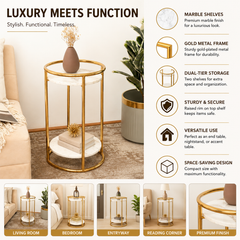White Marble End Table | 2-Tier Gold Frame | 16x16x24" | Modern Living Room Decor
