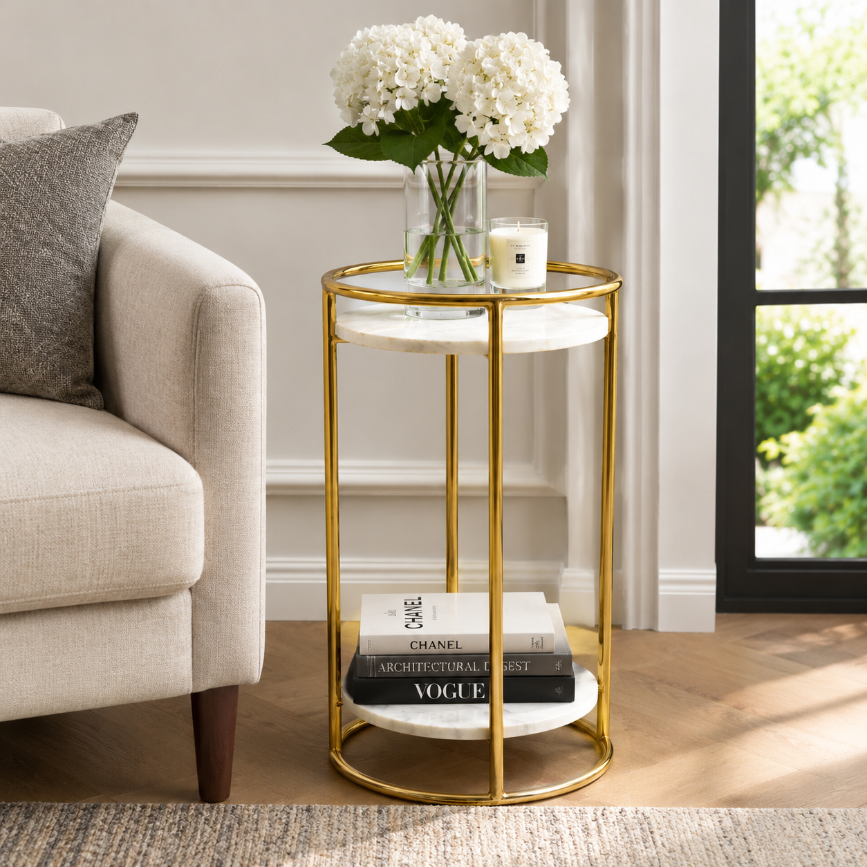 White Marble End Table | 2-Tier Gold Frame | 16x16x24" | Modern Living Room Decor