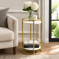 White Marble End Table | 2-Tier Gold Frame | 16x16x24" | Modern Living Room Decor