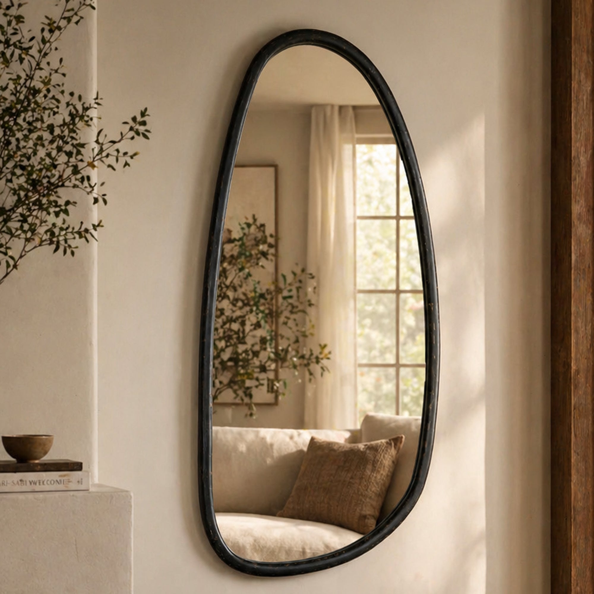 Wall Mirror with Blackwash Mango Wood Frame, Black, 28x60"