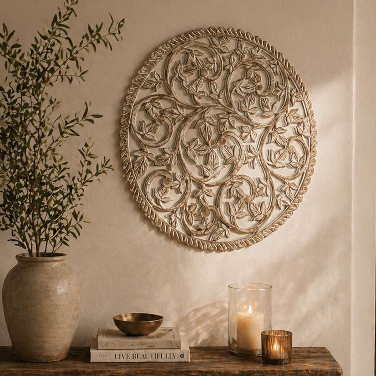 Wall Art | Round Wood Handcarved Wall Panel with Mirror, 36"