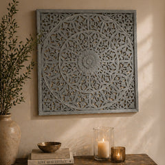 Mandala Wall Decor | Handcarved Wood Wall Art Panel, 48x48"