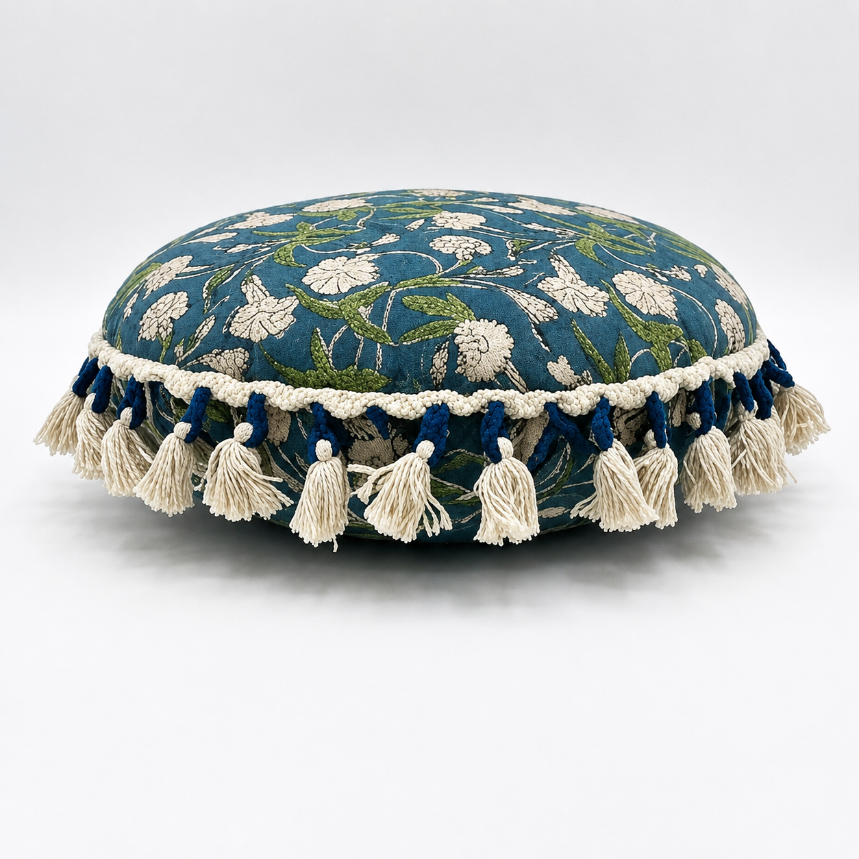 Printed Round Floor Pillow with Tassels, 20x20x3.5"