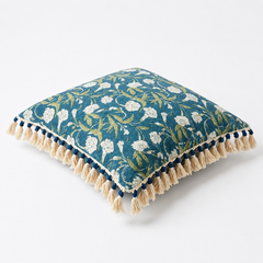 Indigo Floral Printed Pillow with Filler & Tassels, 20x20x6"