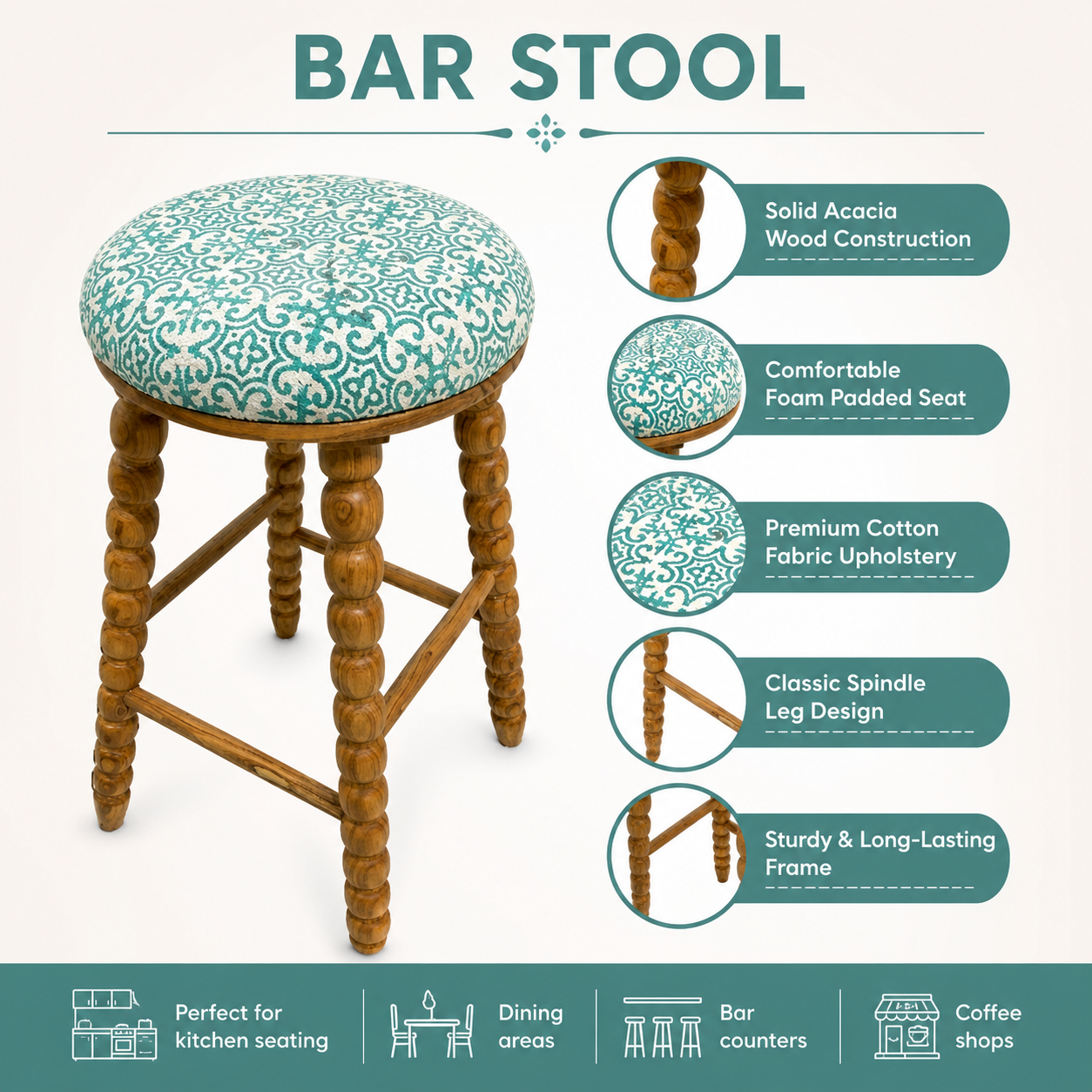 Spindle Upholstered Bar Stool with Solid Acacia Wood
