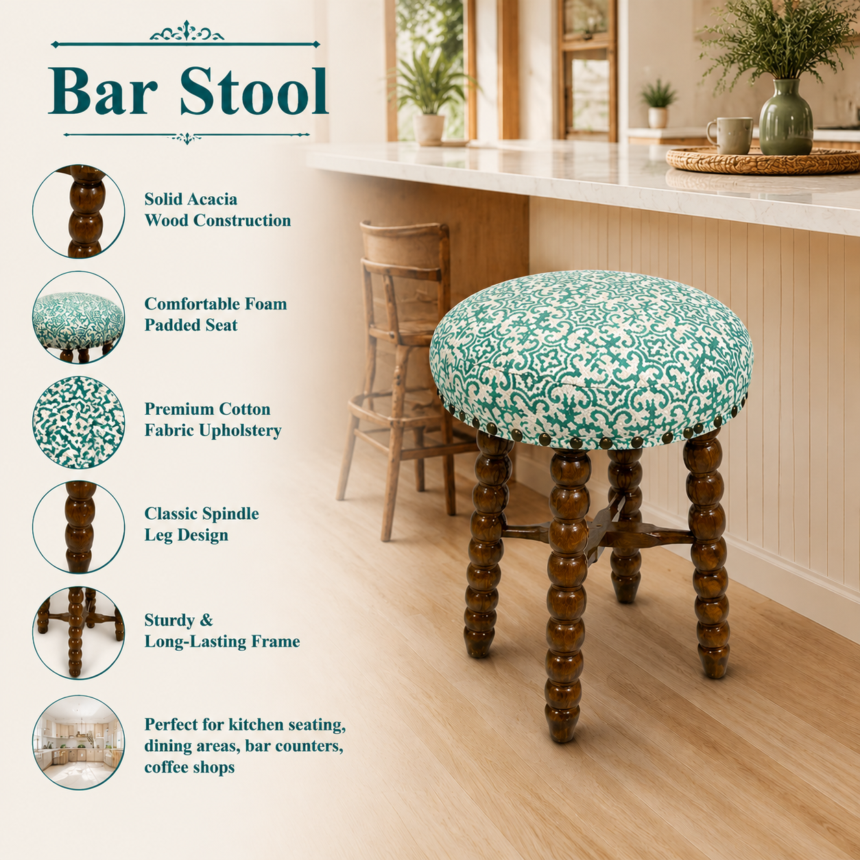 Spindle Upholstered Bar Stool with Solid Acacia Wood