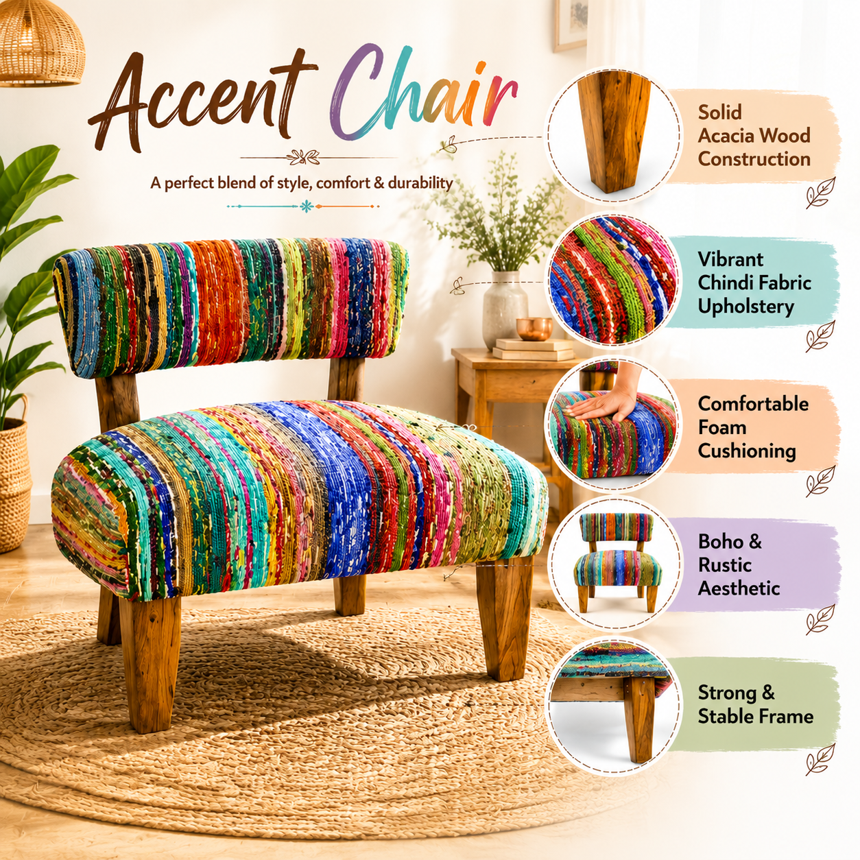 Upholstered Accent Chair, 25x25x27" with  Acacia Wood Frame