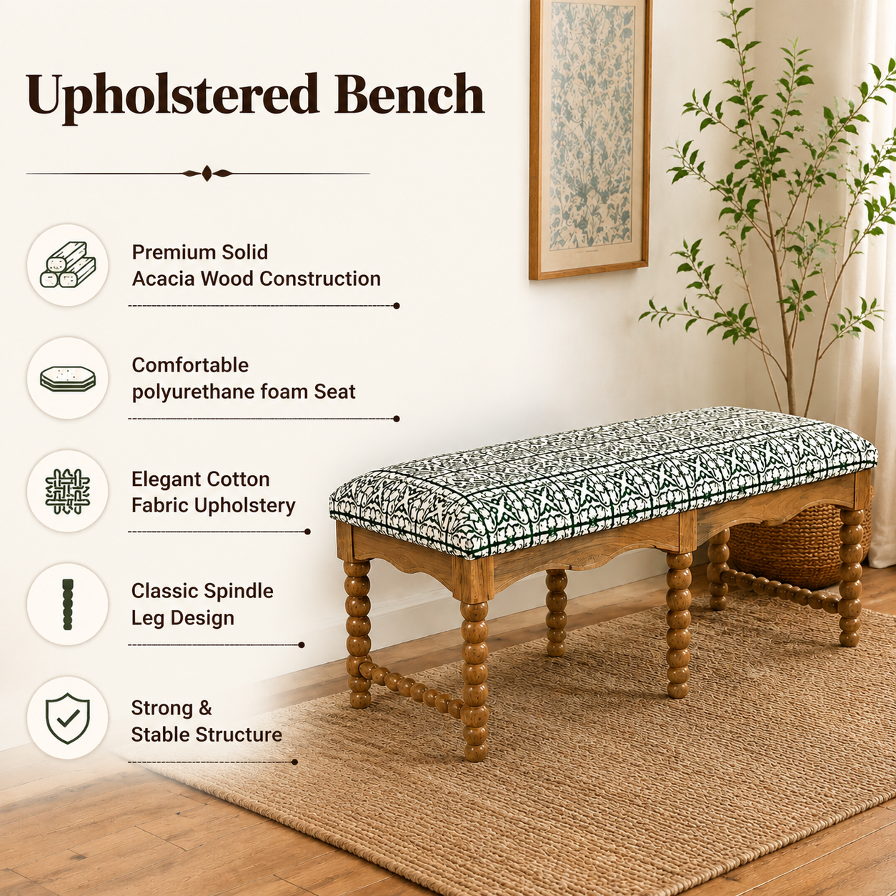 Cotswold Spindle Upholstered Bench with Acacia Wood Frame