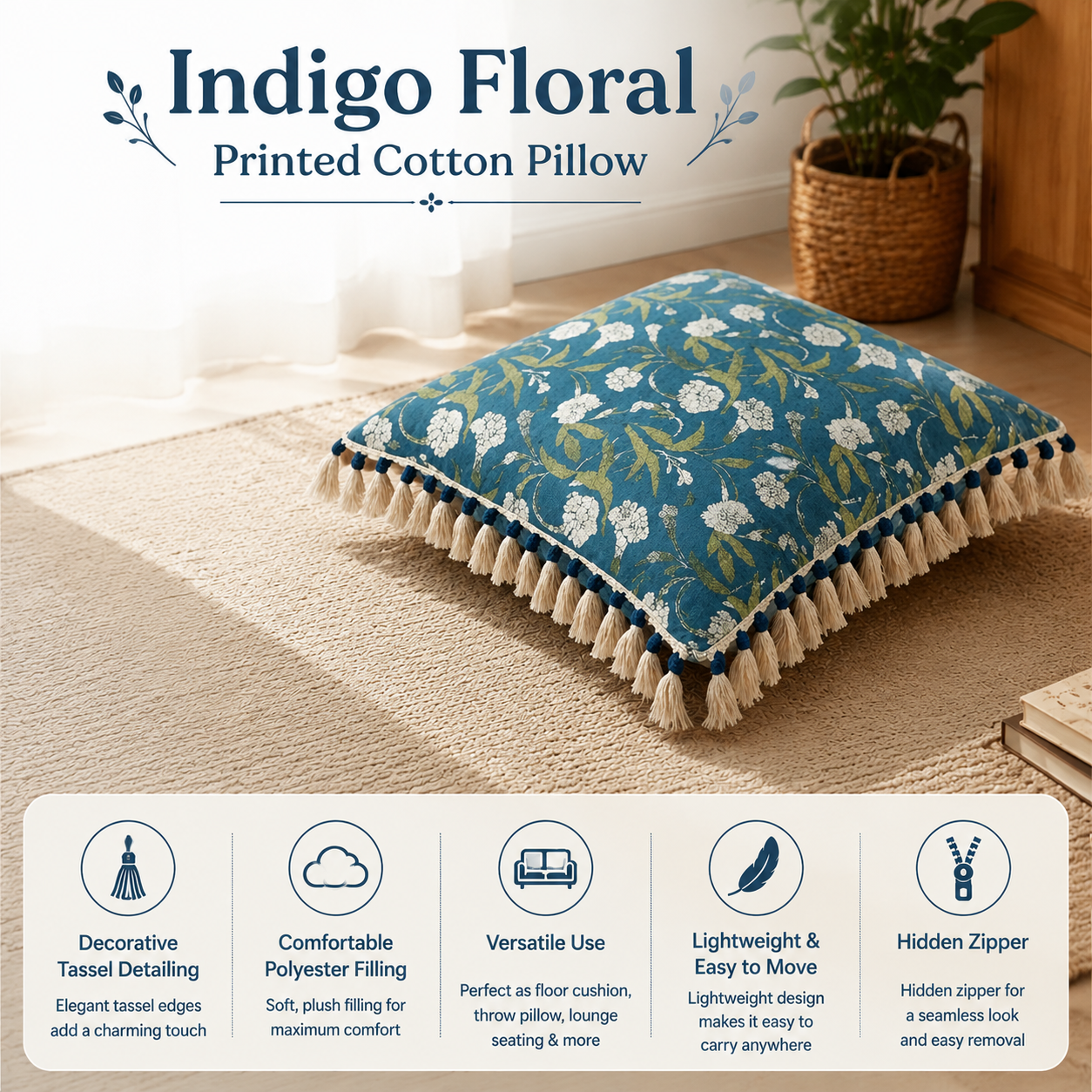 Indigo Floral Printed Pillow with Filler & Tassels, 20x20x6"