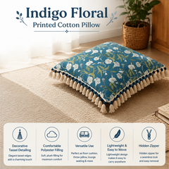 Indigo Floral Printed Pillow with Filler & Tassels, 20x20x6"