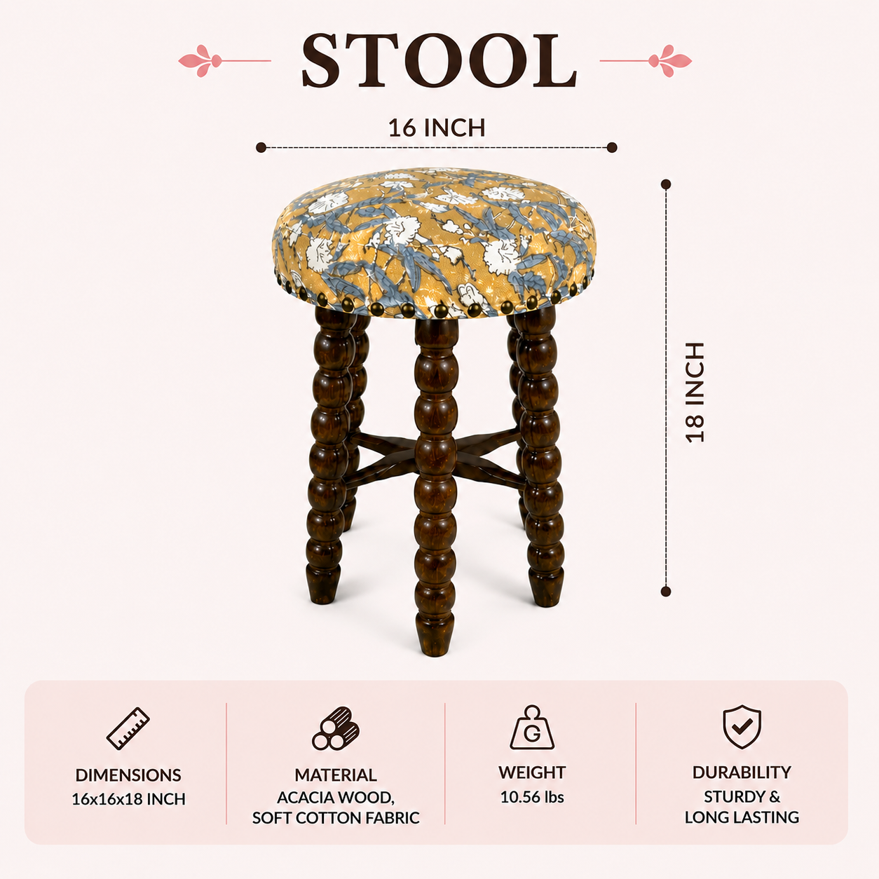 Spindle Upholstered Bar Stool with Solid Acacia Wood