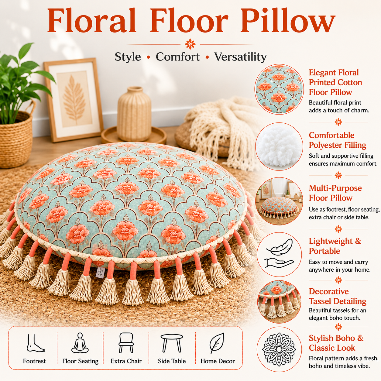 Printed Round Floor Pillow with Tassels, 20x20x3.5"